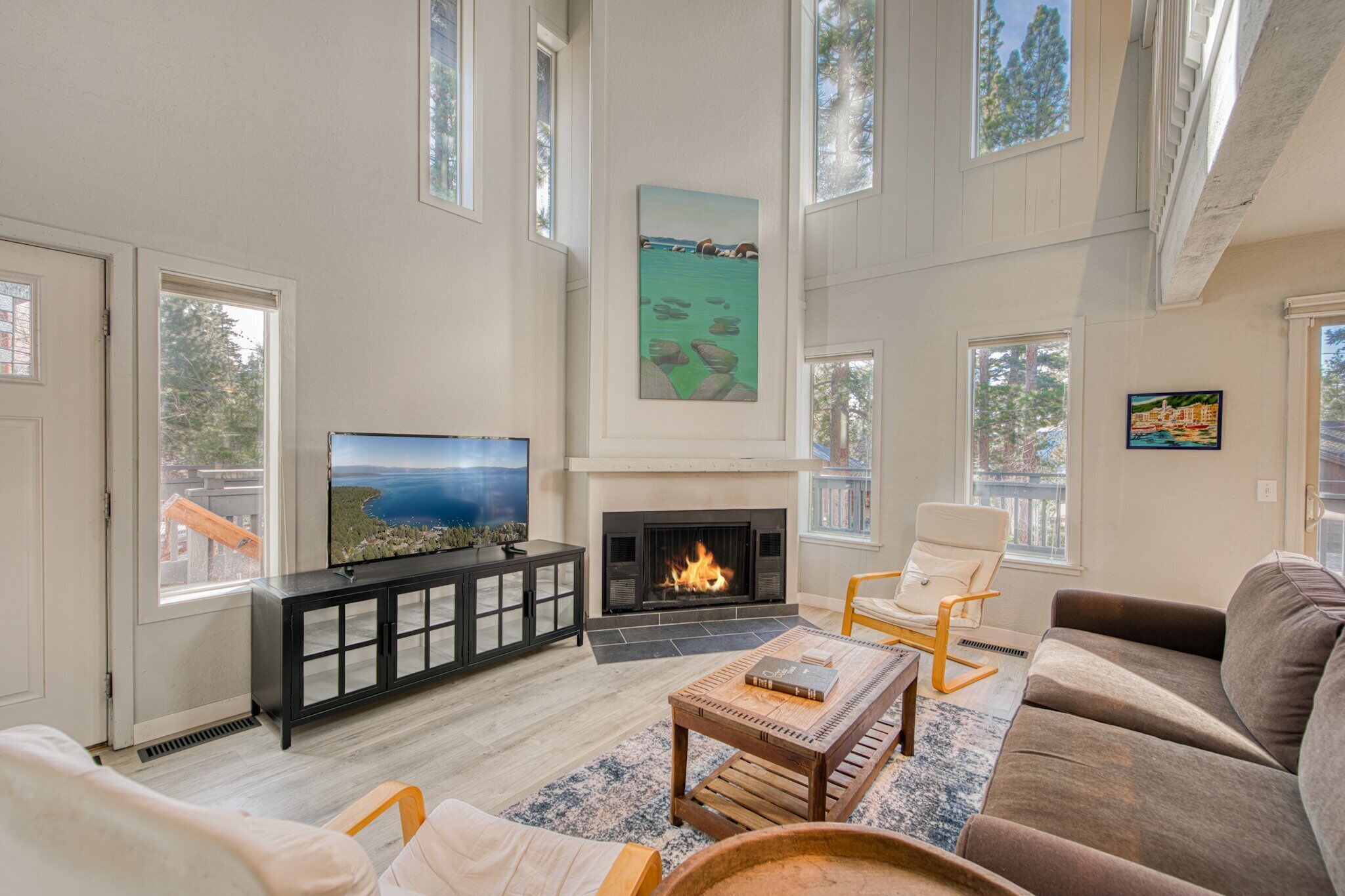 Flat-screen TV, fireplace, offices