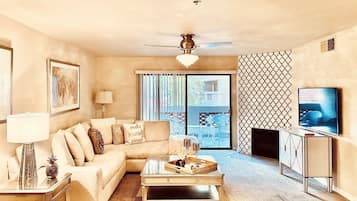 Smart TV, fireplace, table tennis, books