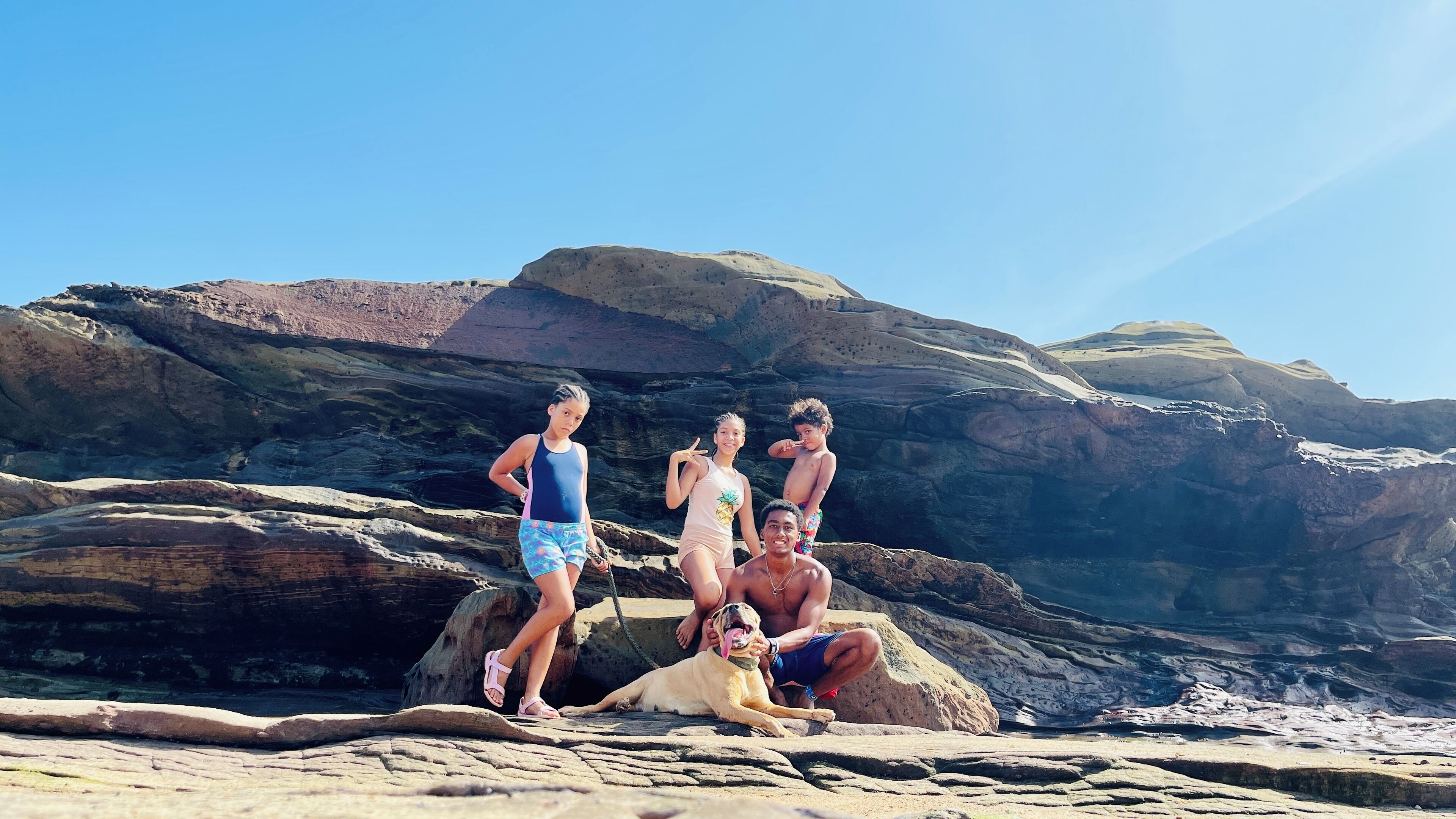 Eine Gruppe von Menschen und ein Hund an einem felsigen Strand mit schichtartigen Felsformationen im Hintergrund.