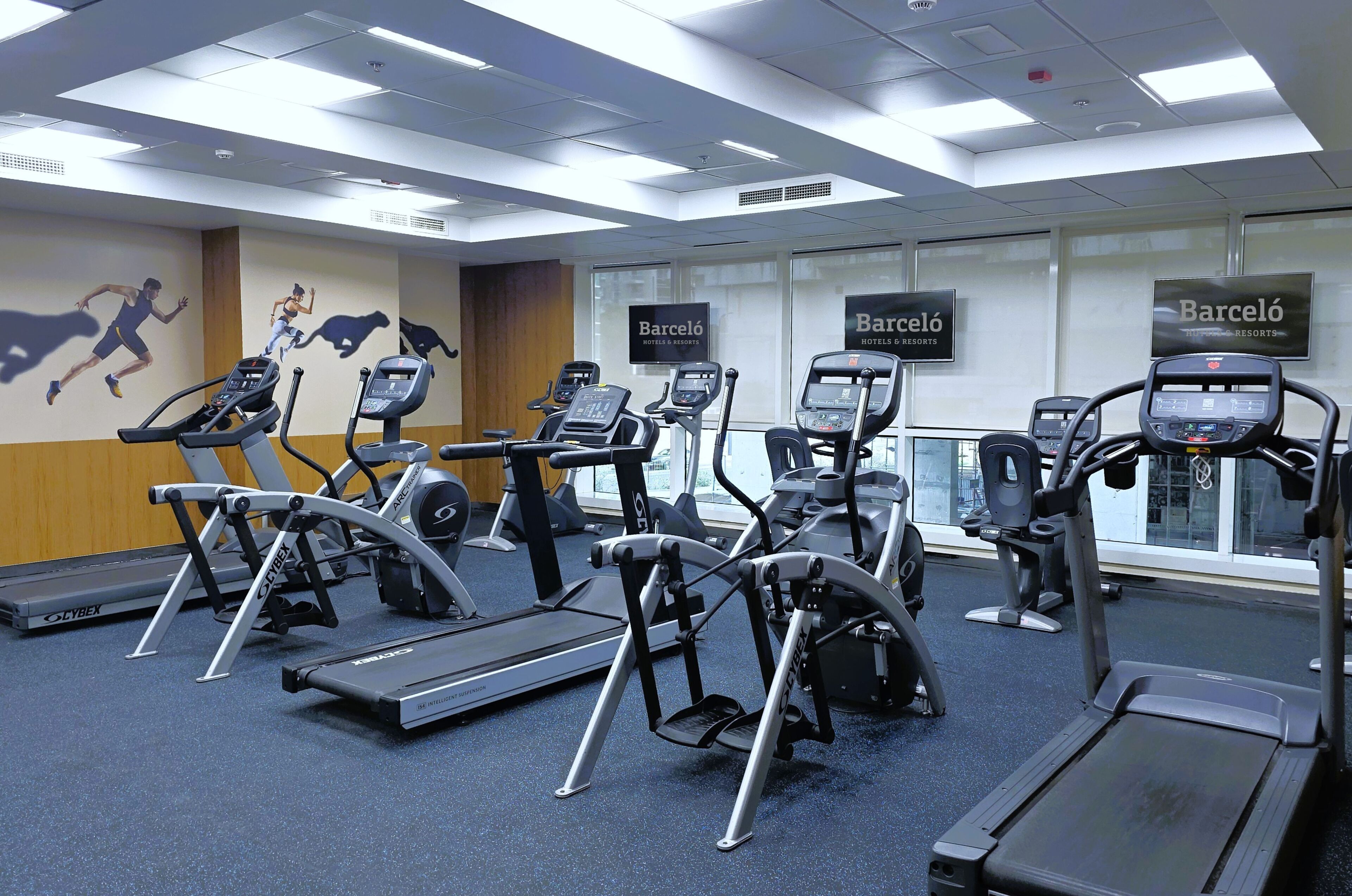 A gym with treadmills, ellipticals, and a wall mural.