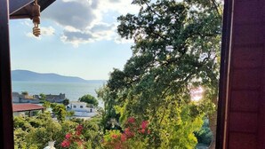 A view from a window overlooking a garden with a tree and pink flowers, a body of water, and buildings in the distance. - Selenes Pansiyon (Milas)