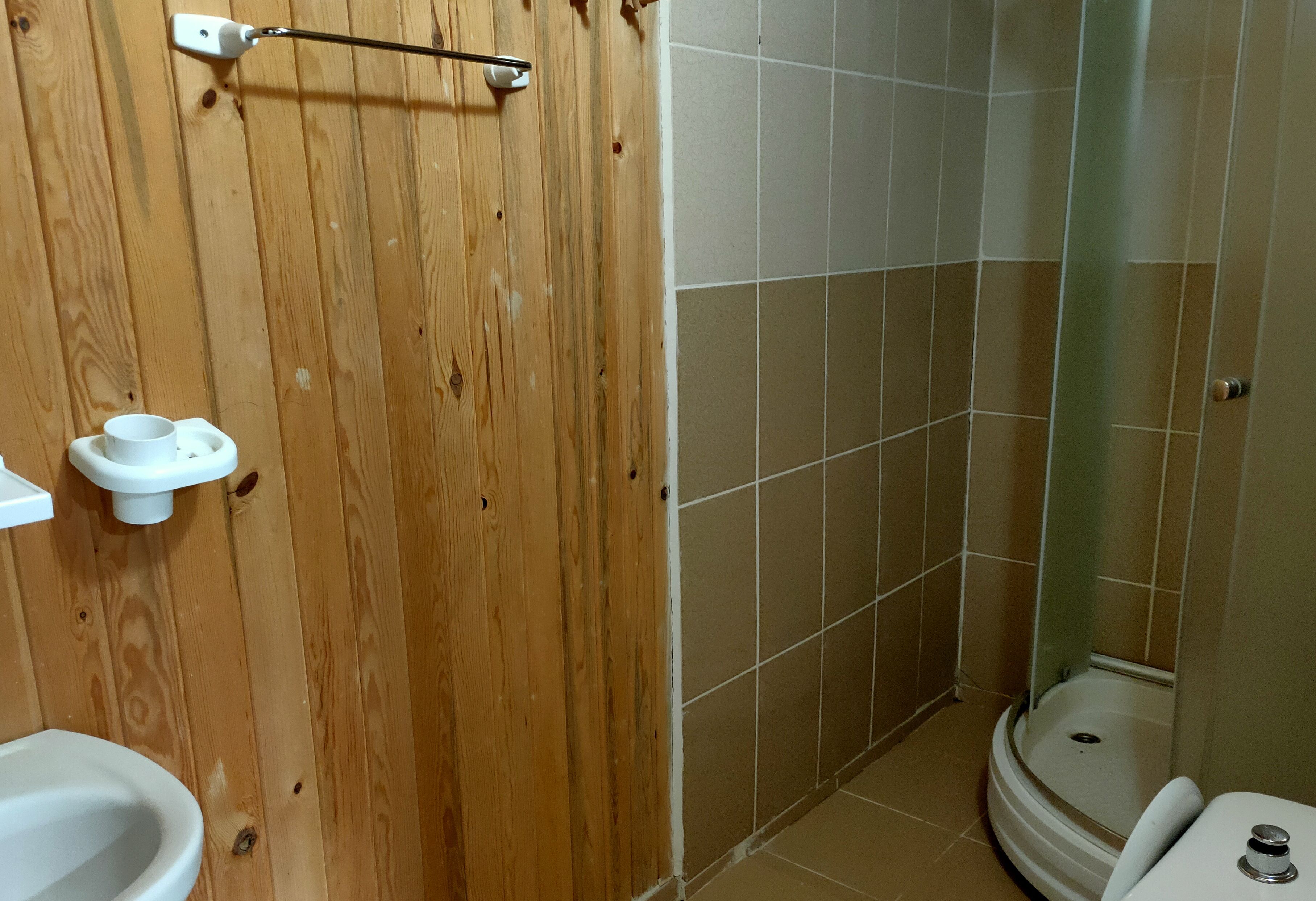 Un baño con separador de madera, inodoro, bidé y zona de ducha.
