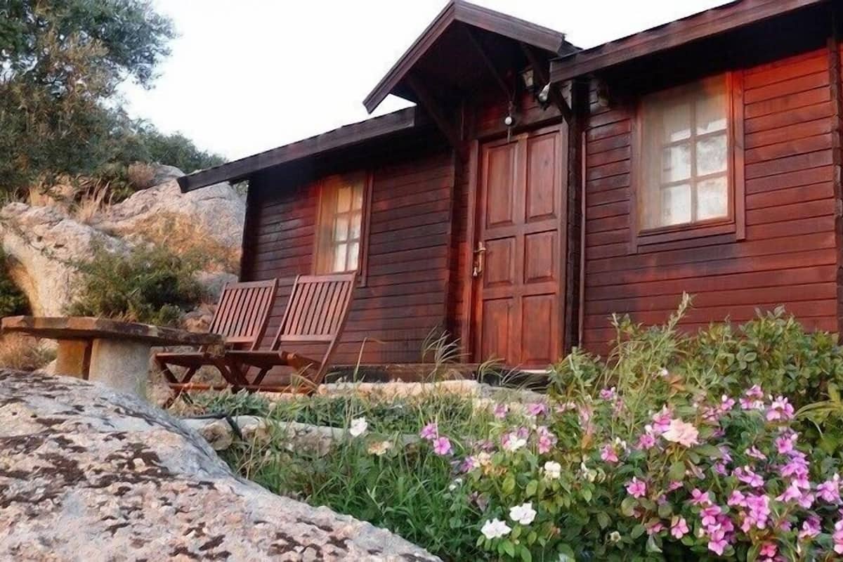 Uma cabana de madeira com duas portas e janelas, um banco e um jardim com flores cor-de-rosa.