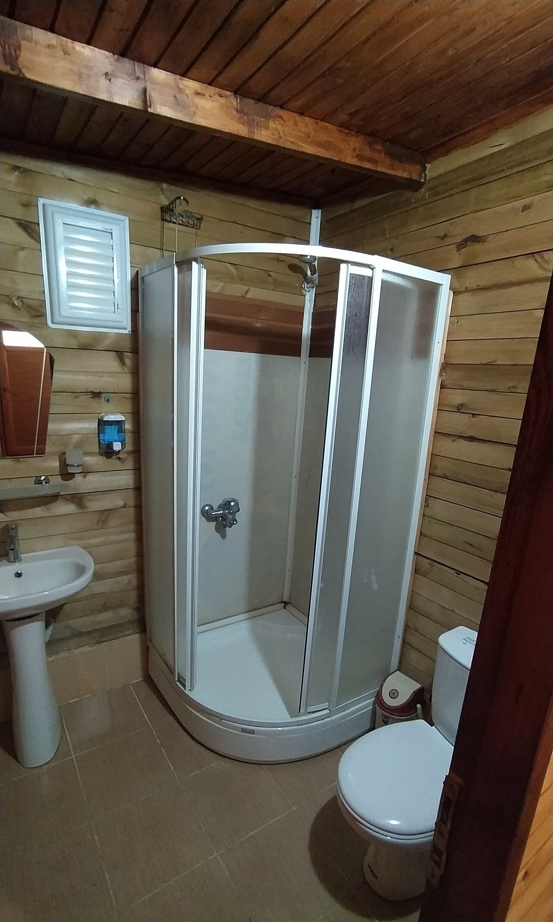 A compact bathroom with a shower enclosure, a toilet, and a sink.