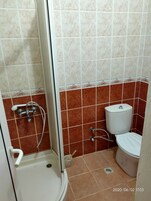 Un baño pequeño con ducha, inodoro y lavamanos.