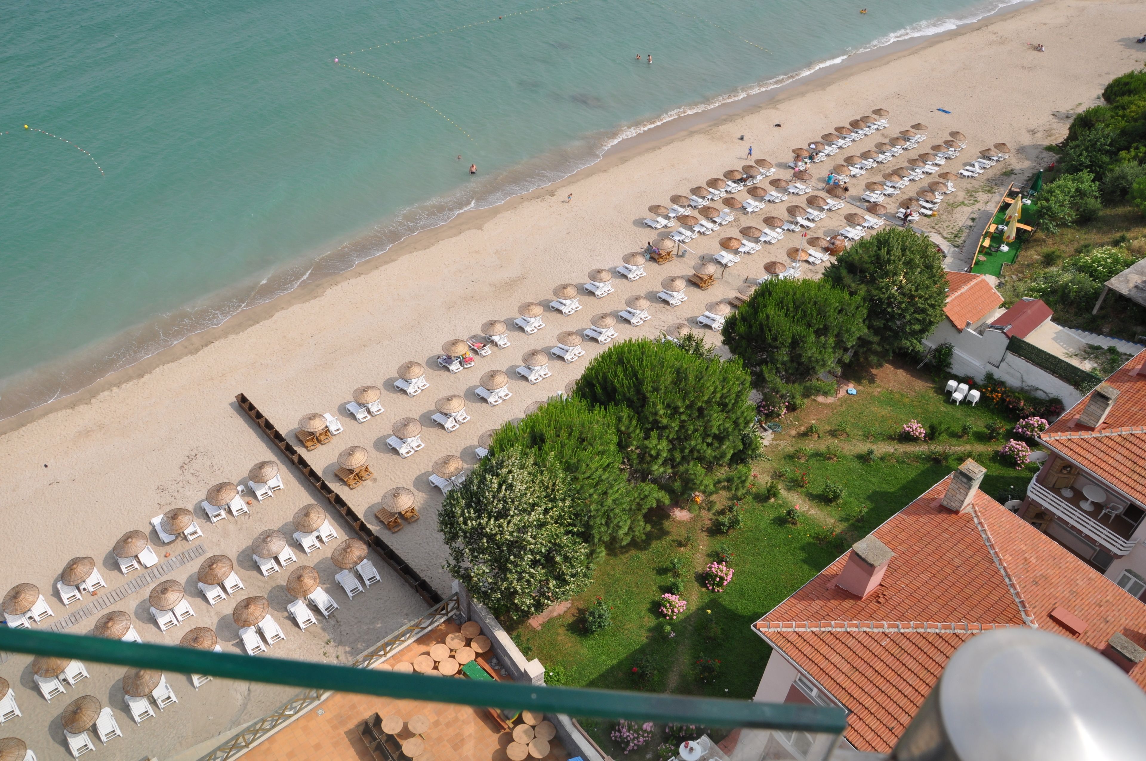 Vista aérea de una playa con filas de tumbonas y sombrillas, una zona con césped, árboles y un edificio con techo de tejas.