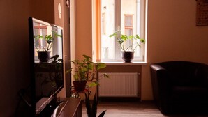 Une pièce avec un plancher en bois, un fauteuil en cuir noir, un radiateur et deux plantes en pot posées sur un rebord de fenêtre.