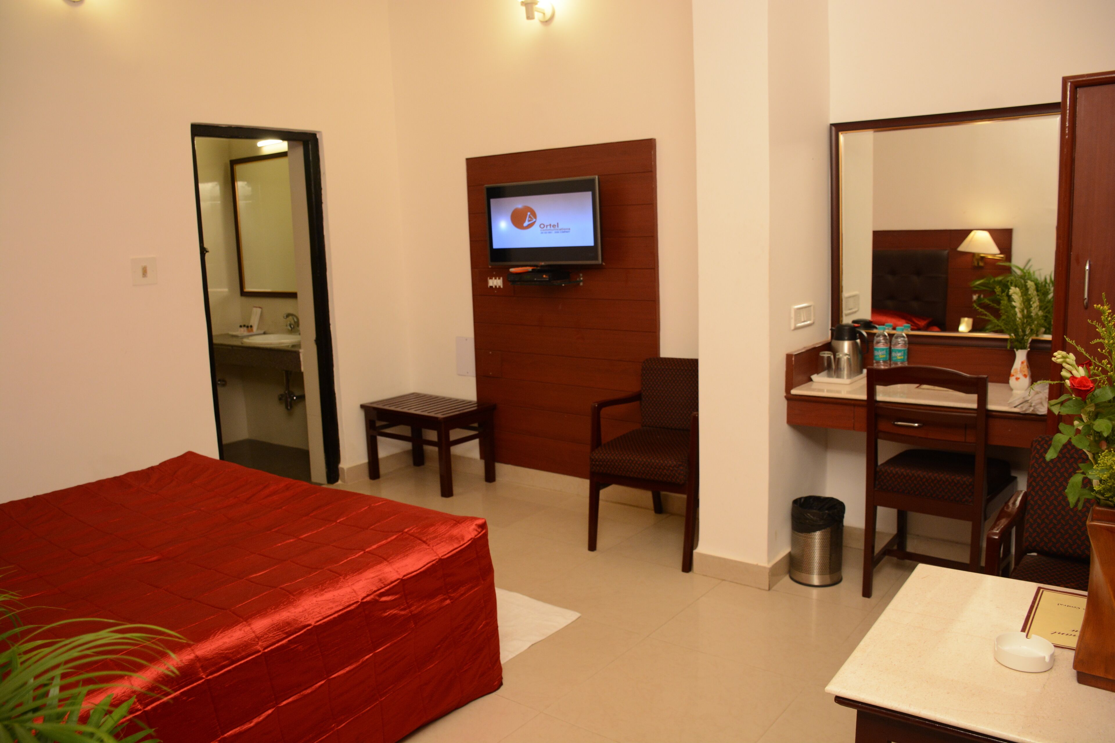 Ein Hotelzimmer mit Bett, Schreibtisch, Stuhl, Fernseher, Spiegel, Mülleimer und Pflanze.
