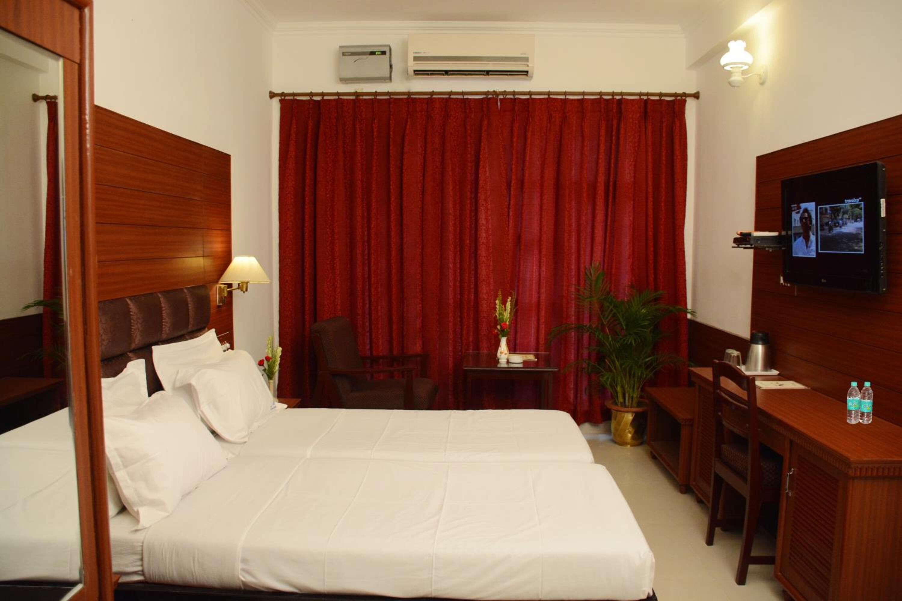 A hotel room with a large bed, a desk, a chair, a TV, and a potted plant.