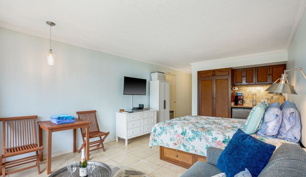 A compact room with a bed, a desk, a television, and a kitchenette.