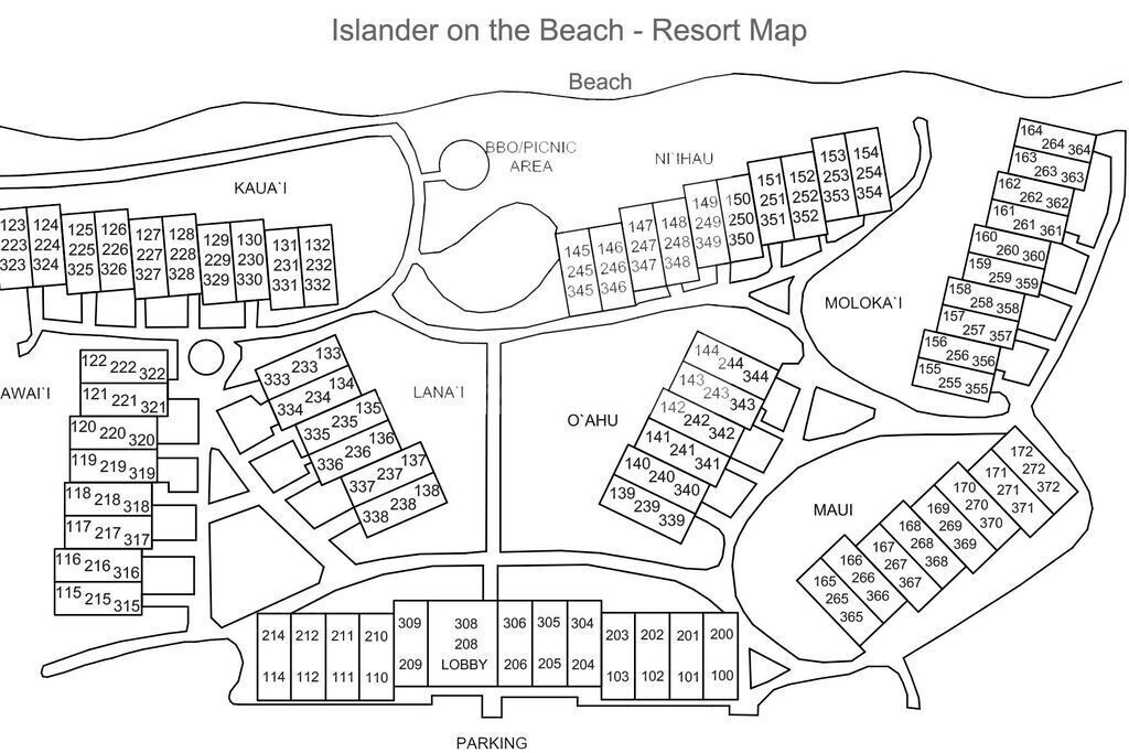 A resort map with labeled areas like Beach, BBO/PICNIC AREA, and MOLOKA'I.