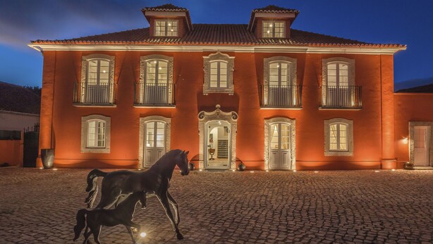 A large, ornate building with multiple windows and balconies, a cobblestone courtyard, and a horse statue in the foreground. - Paço do Bispo Boutique House (Cascais)