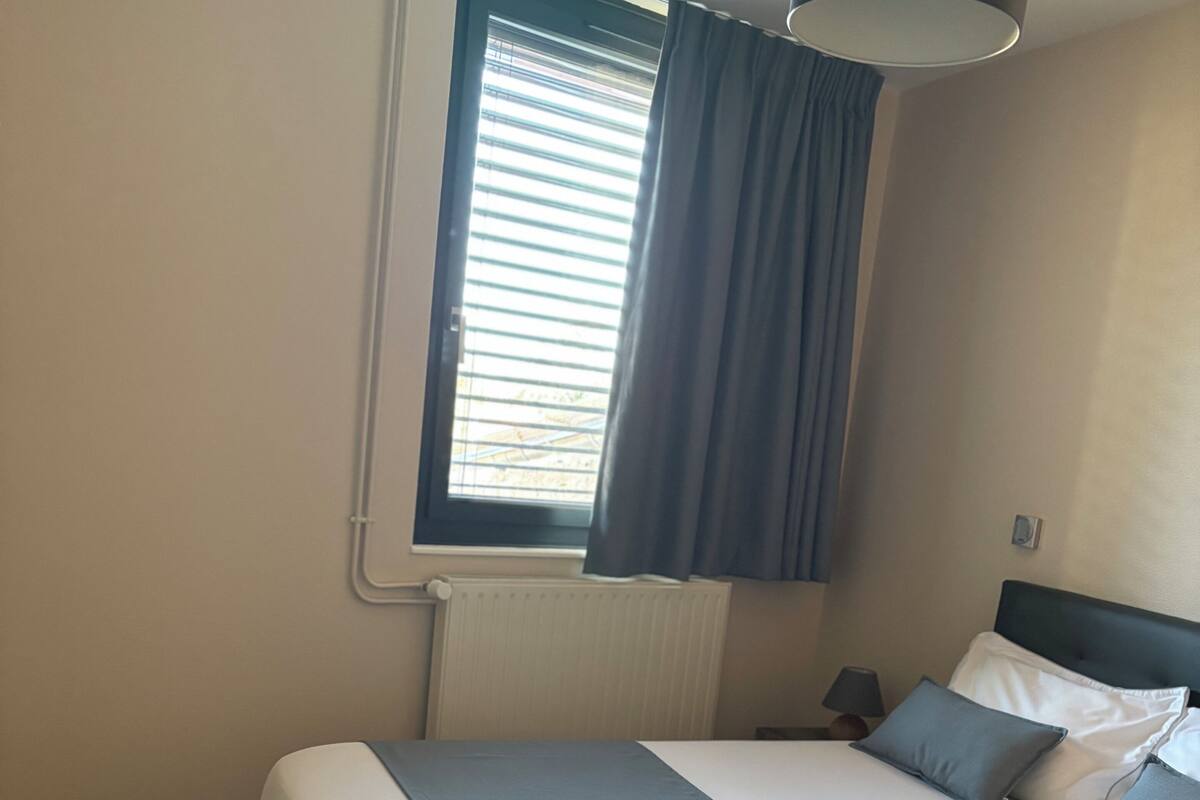 Une chambre à coucher avec un lit, une fenêtre avec des rideaux, un radiateur et une lampe.