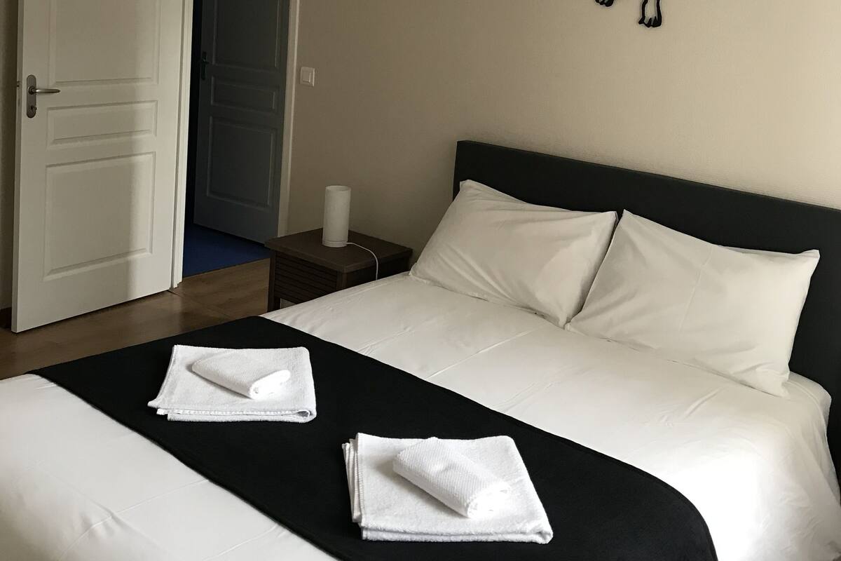 Une chambre d’hôtel avec un lit, une table de chevet, une décoration murale représentant un chien et une porte donnant sur une autre pièce.