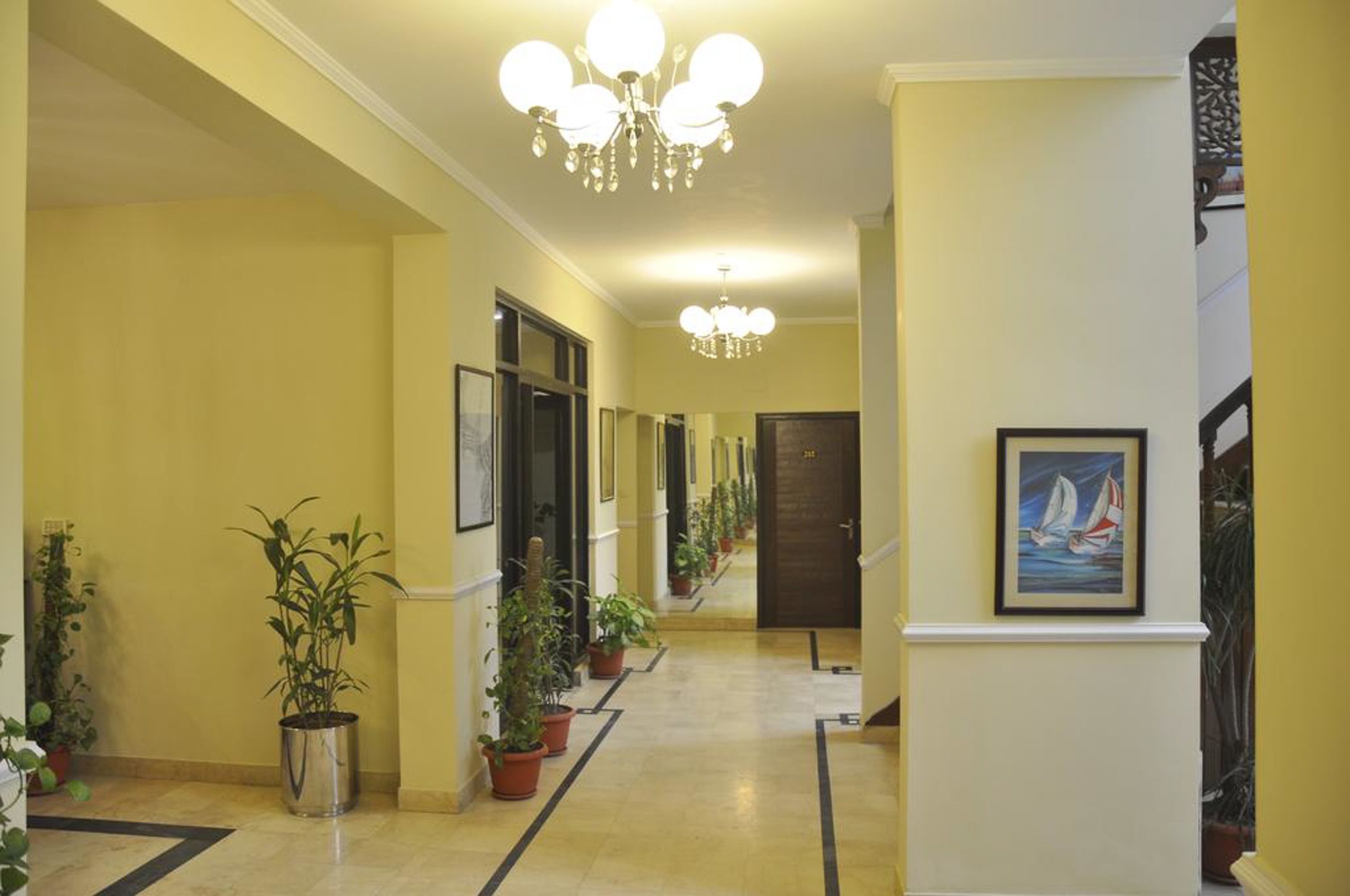 A hallway with potted plants, a chandelier, and framed artwork on the walls.
