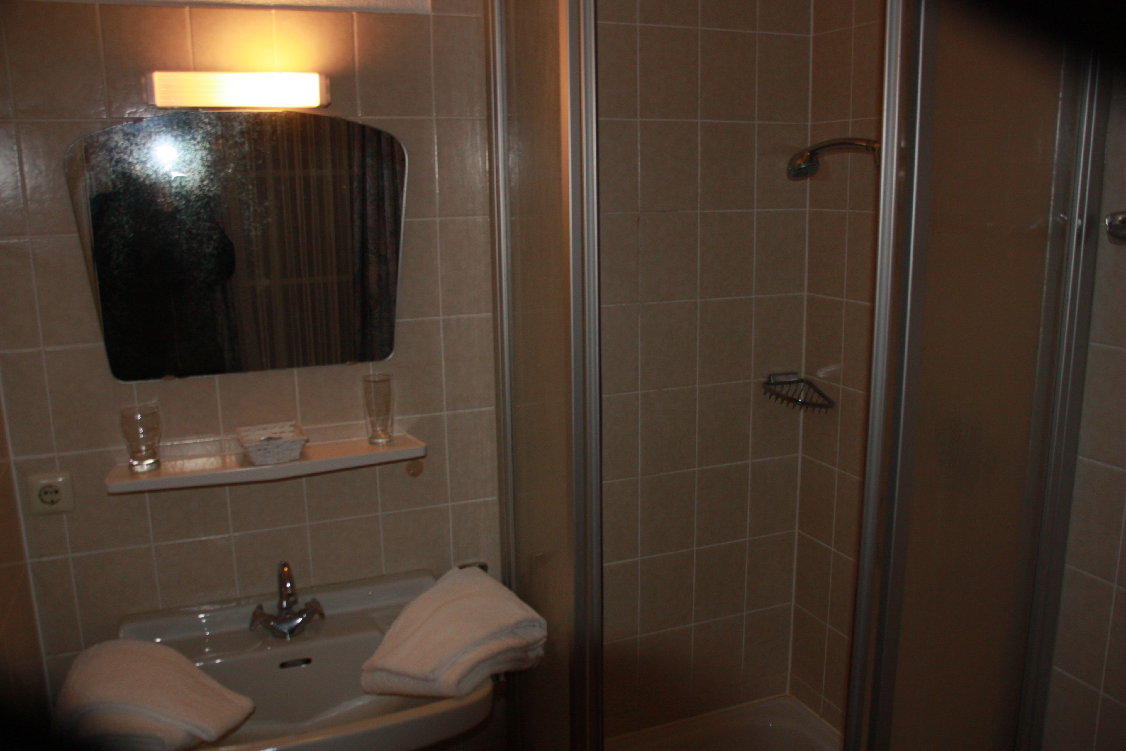 Basic-Dreibettzimmer | Badezimmer | Dusche, kostenlose Toilettenartikel, Handtücher