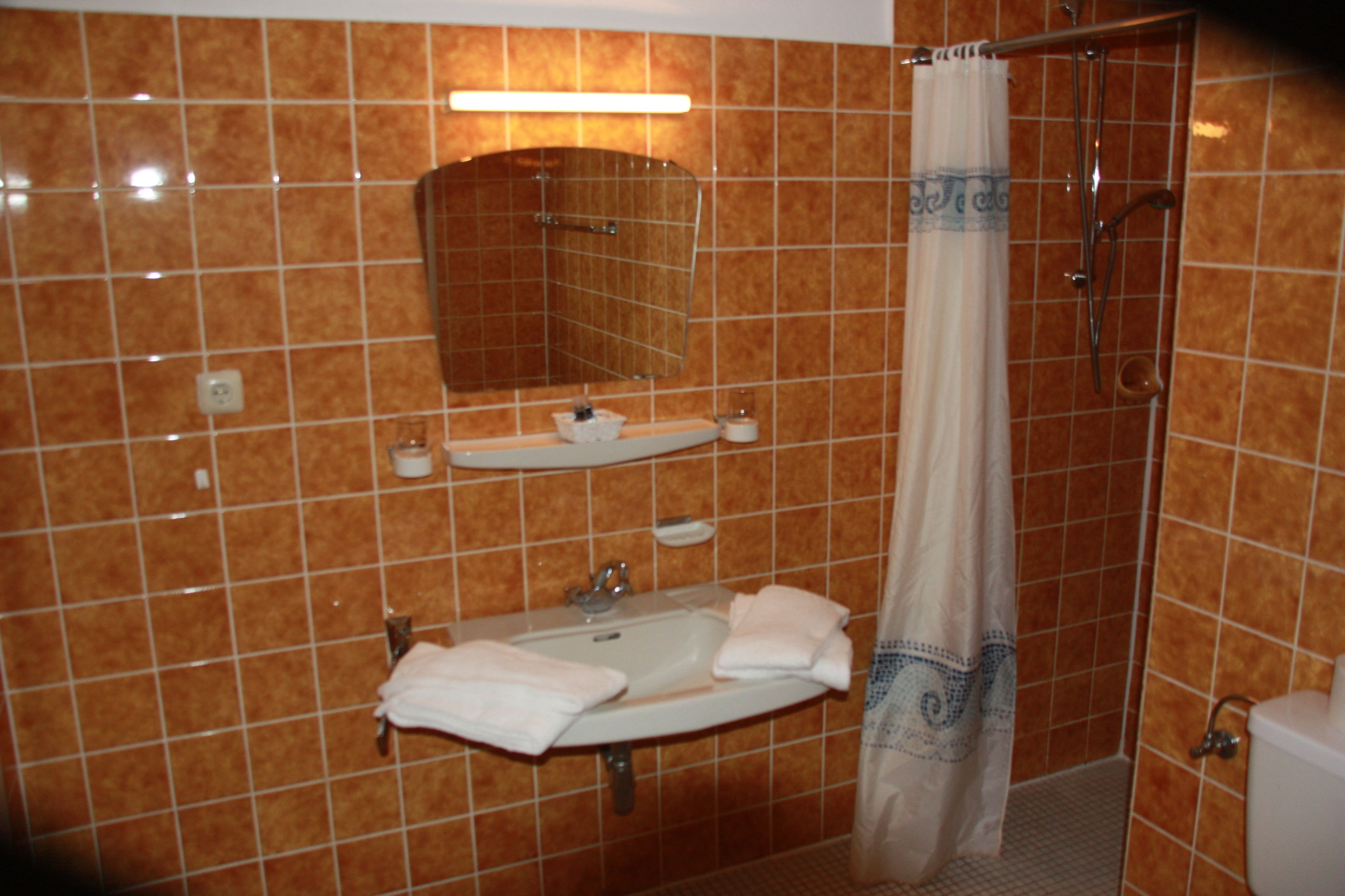 A bathroom with a sink, mirror, and shower curtain.