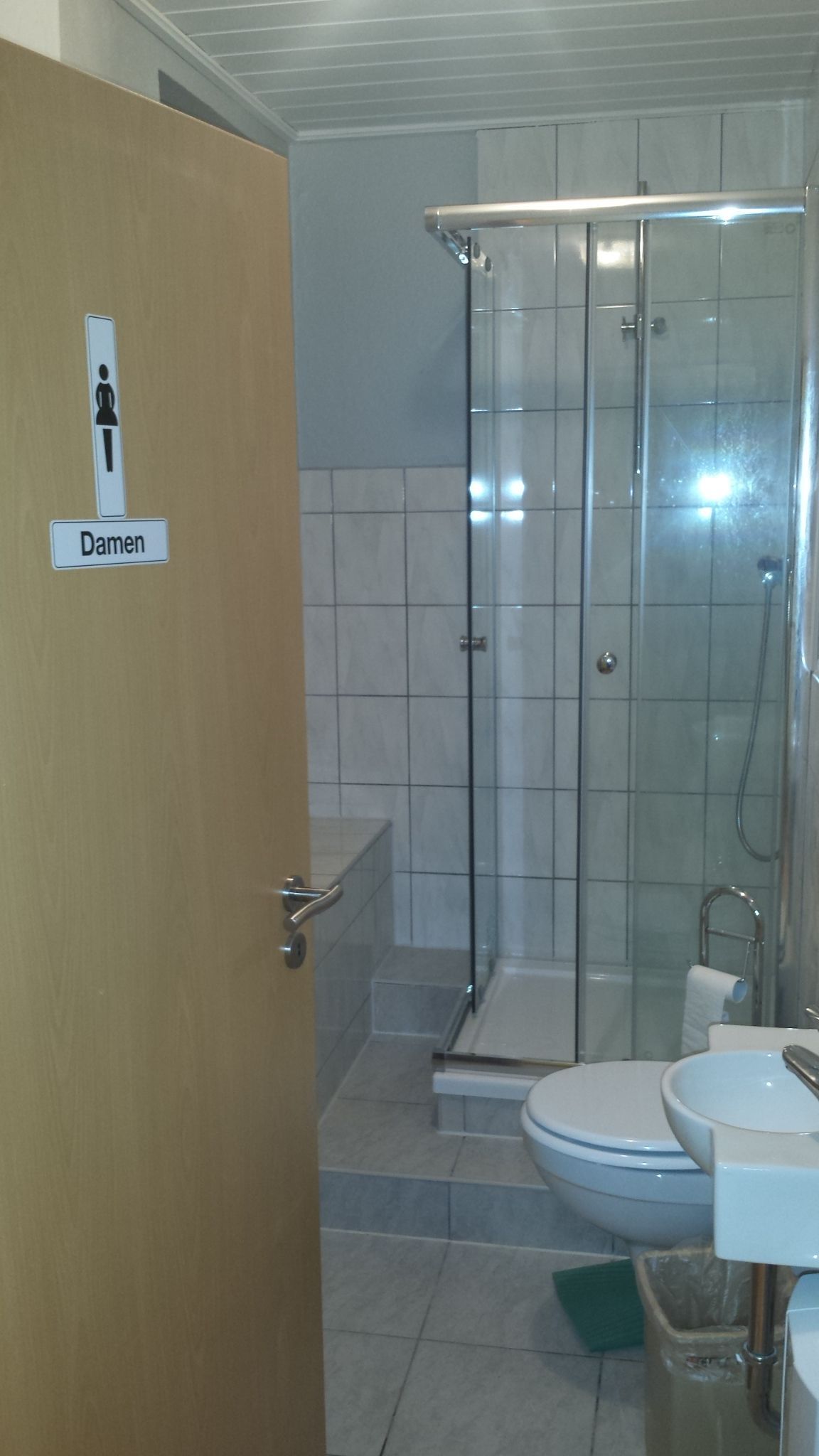 A bathroom with a shower, toilet, and sink.