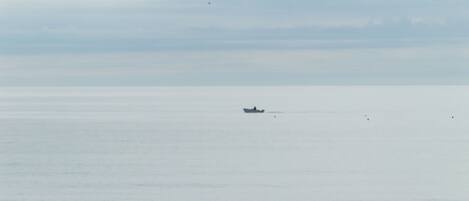 A calm sea with a small boat in the distance.
