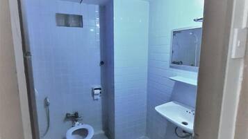 A small, narrow bathroom with a toilet, a sink, and a shower.