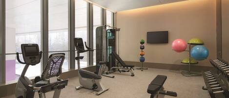 A gym with cardio machines, weightlifting equipment, and exercise balls.