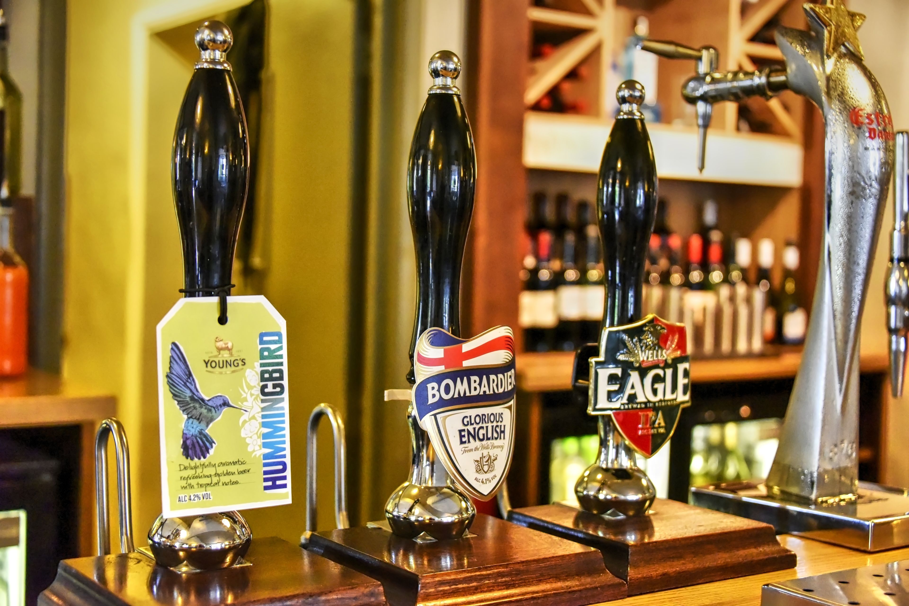 Three beer taps labeled with different brands: Young's Hummingbird, Bombardier, and Eagle.