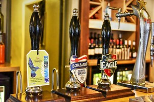 Three beer taps labeled with different brands: Young's Hummingbird, Bombardier, and Eagle.
