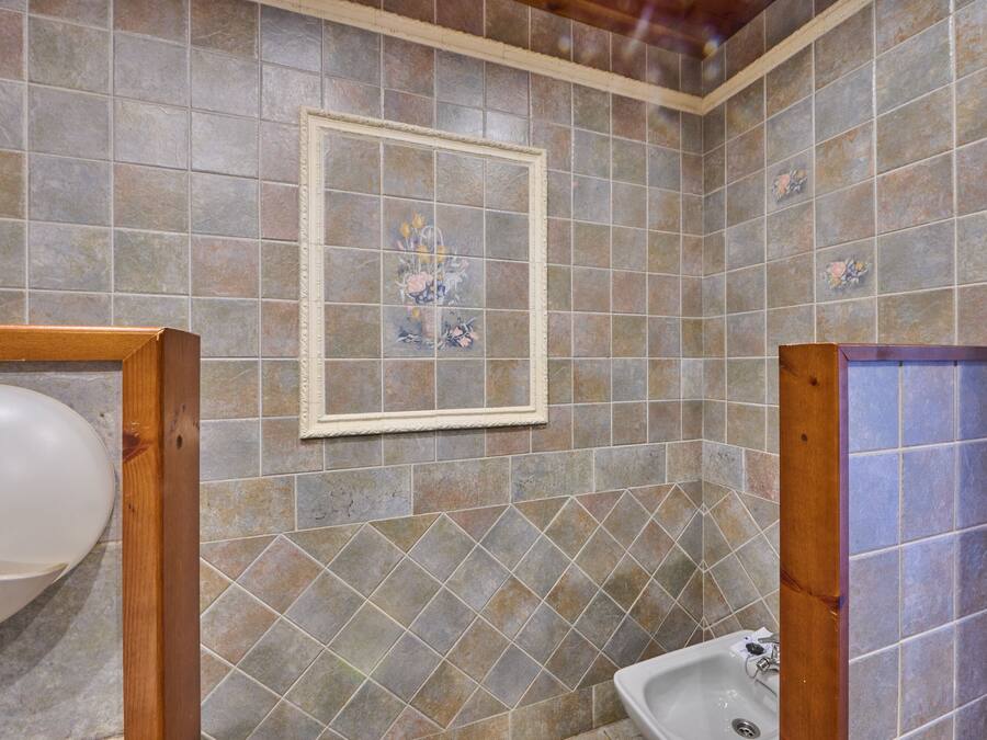 Ein Badezimmer mit gefliesten Wänden, einem gerahmten Bild, einem Waschbecken und einer Toilette.