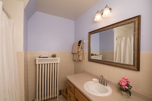 A bathroom with a beige sink, a mirror with a wooden frame, a towel rack, and a radiator. - Astor House (Green Bay)