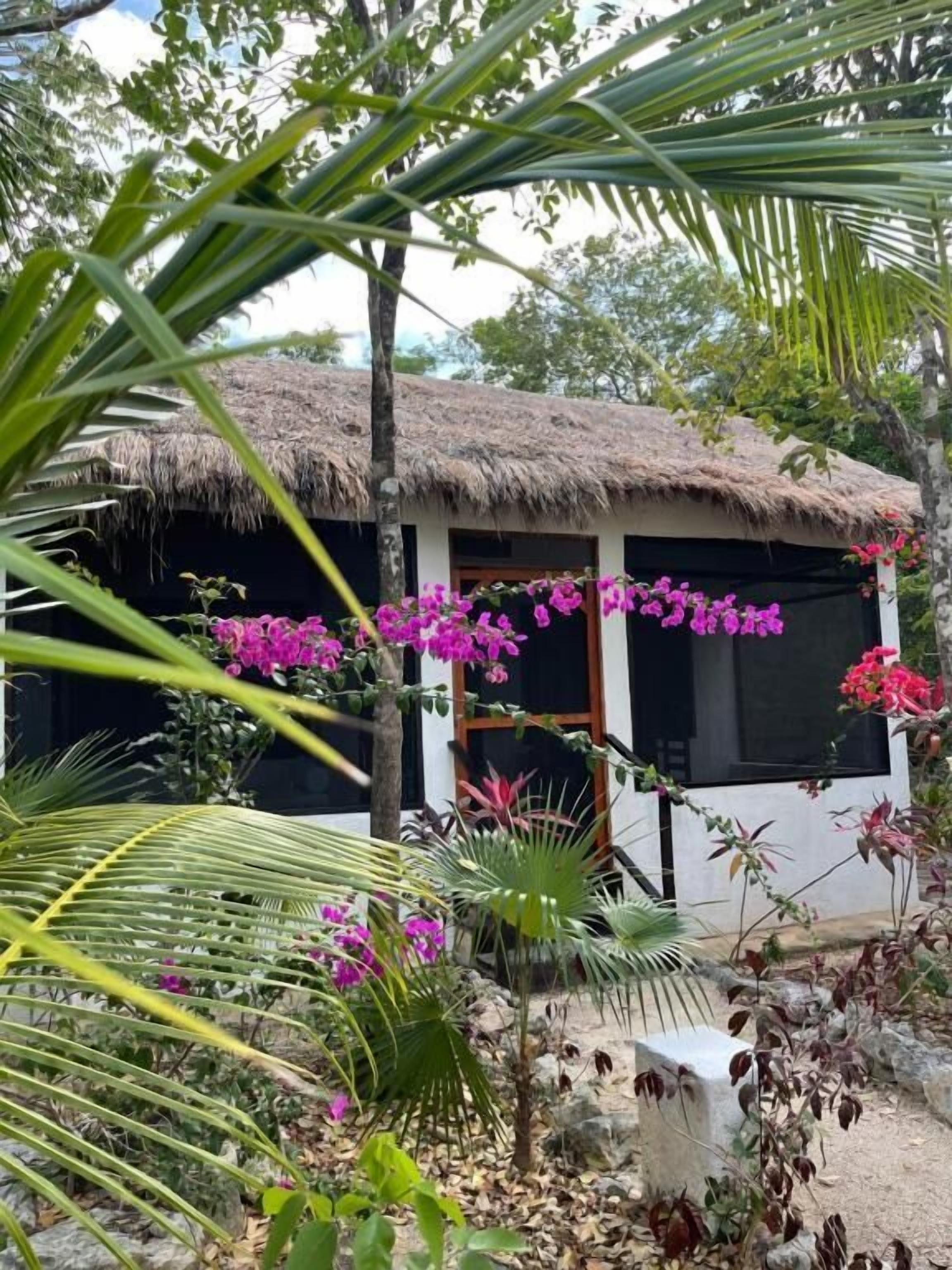 A thatched-roof structure with a white exterior, surrounded by lush greenery and pink flowers.