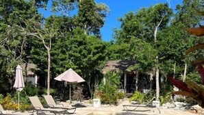 A clear pool surrounded by lounge chairs and umbrellas, with lush greenery and a clear blue sky in the background. - Maya Eco Village (Akumal)