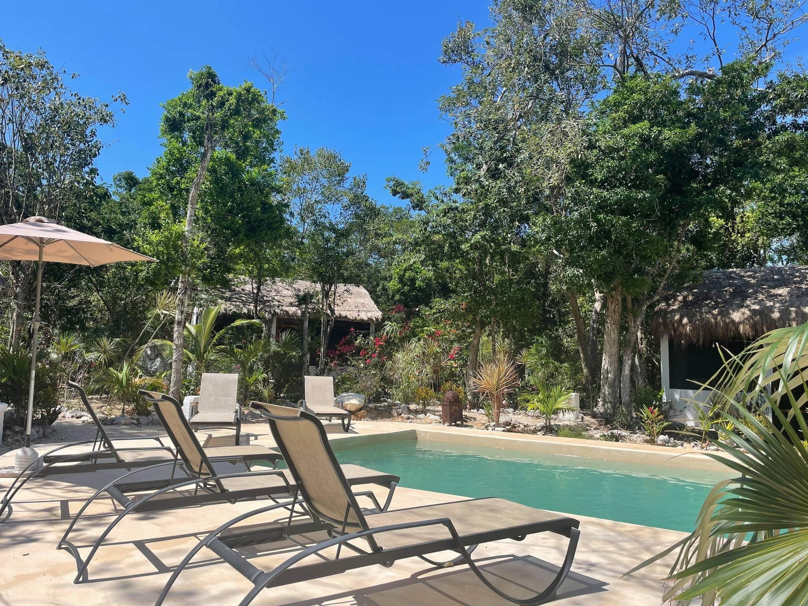 Un área junto a la piscina con sillones de descanso y una estructura con techo de paja.