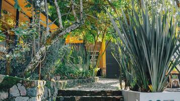 A stone staircase leading up to a building with a yellow facade, surrounded by lush greenery and a large agave plant.