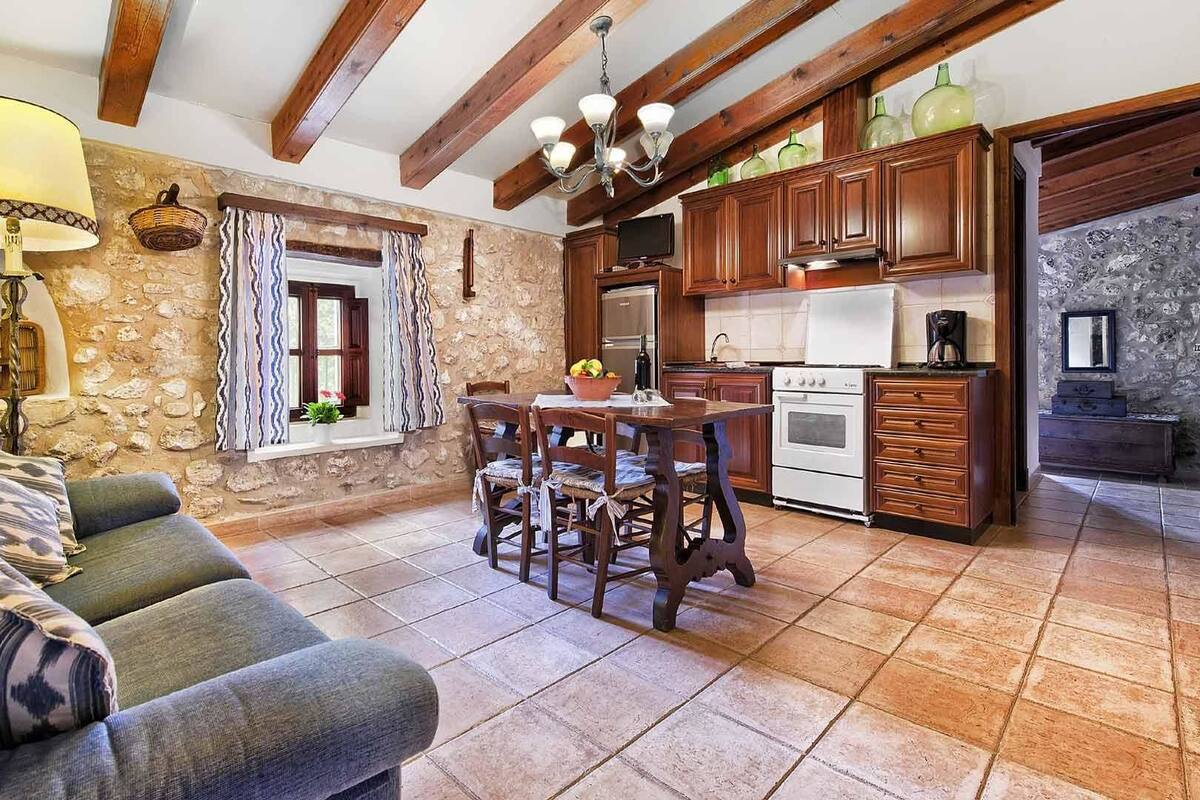 A cozy living room with a sofa, a dining table with chairs, and a kitchen area with wooden cabinets and appliances.
