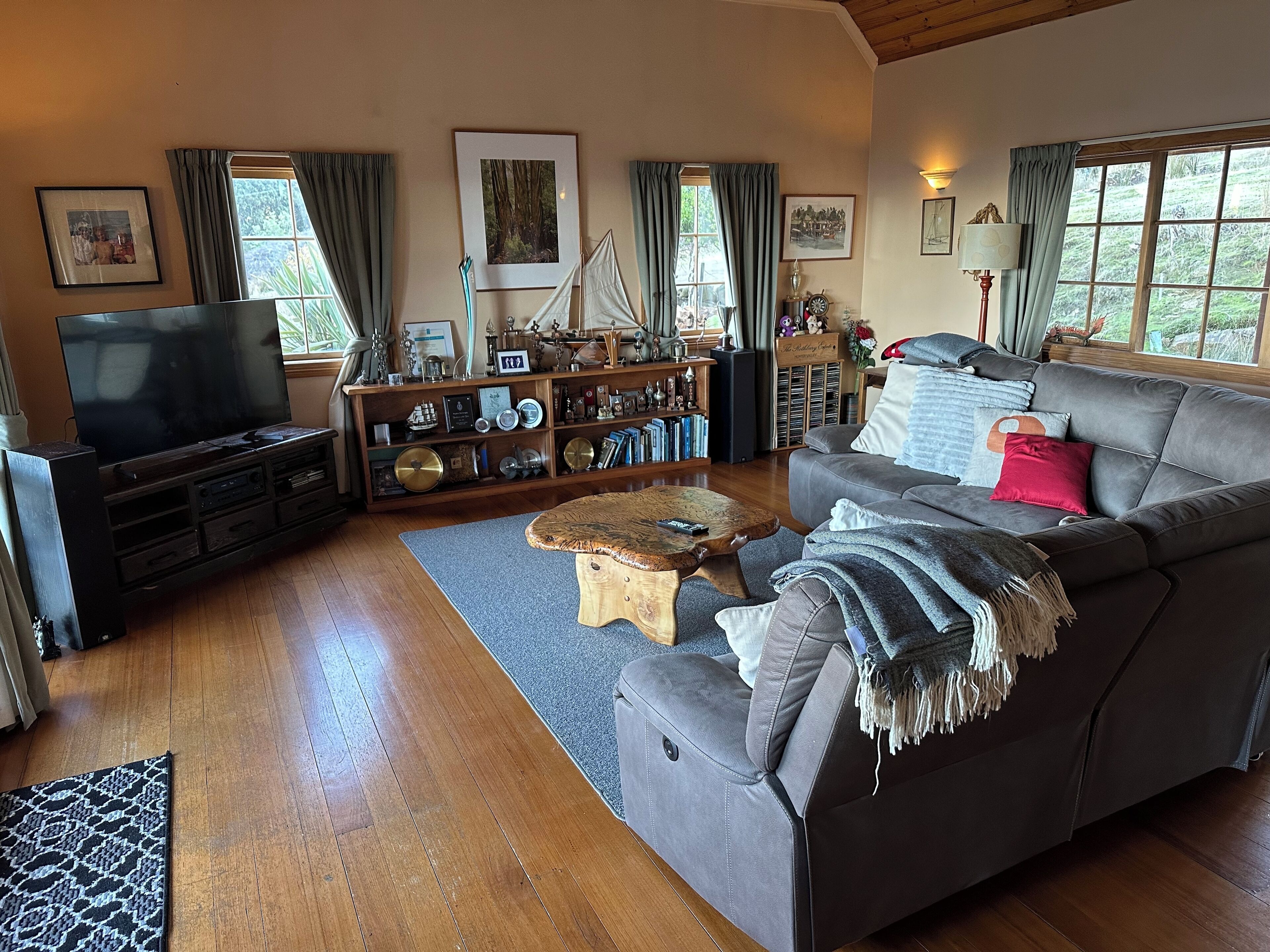 Smart TV, fireplace, books, stereo