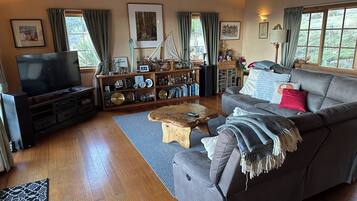 Smart TV, fireplace, books, stereo