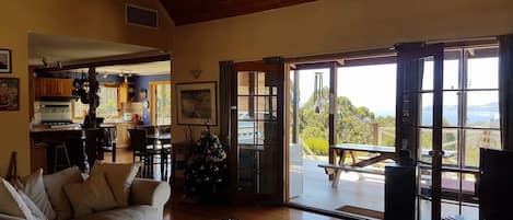 Smart TV, chimenea, libros y estéreo