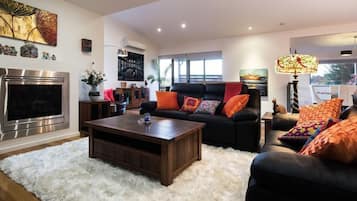 Smart TV, fireplace, Netflix, books