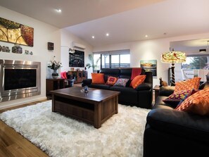 Smart-TV, Kamin, Netflix, Bücher