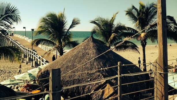 A beach with a thatched hut, palm trees, and a wooden walkway leading to the sea.