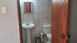 A bathroom with a white sink, toilet, and a mirror above the sink. There is a trash bin and a small rug on the floor.