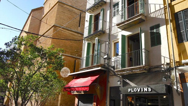 A street view with a building labeled "PLOVINS" featuring a shop entrance, a tower, and a tree with a planter. - Lovely and Central Apartment in Palma, Wifi, AC, Balcony, Fully Equipped & Cozy (Palma)