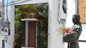 Una estatua de una mujer sosteniendo una cesta, un edificio blanco con jardín vertical verde y una reja metálica.
