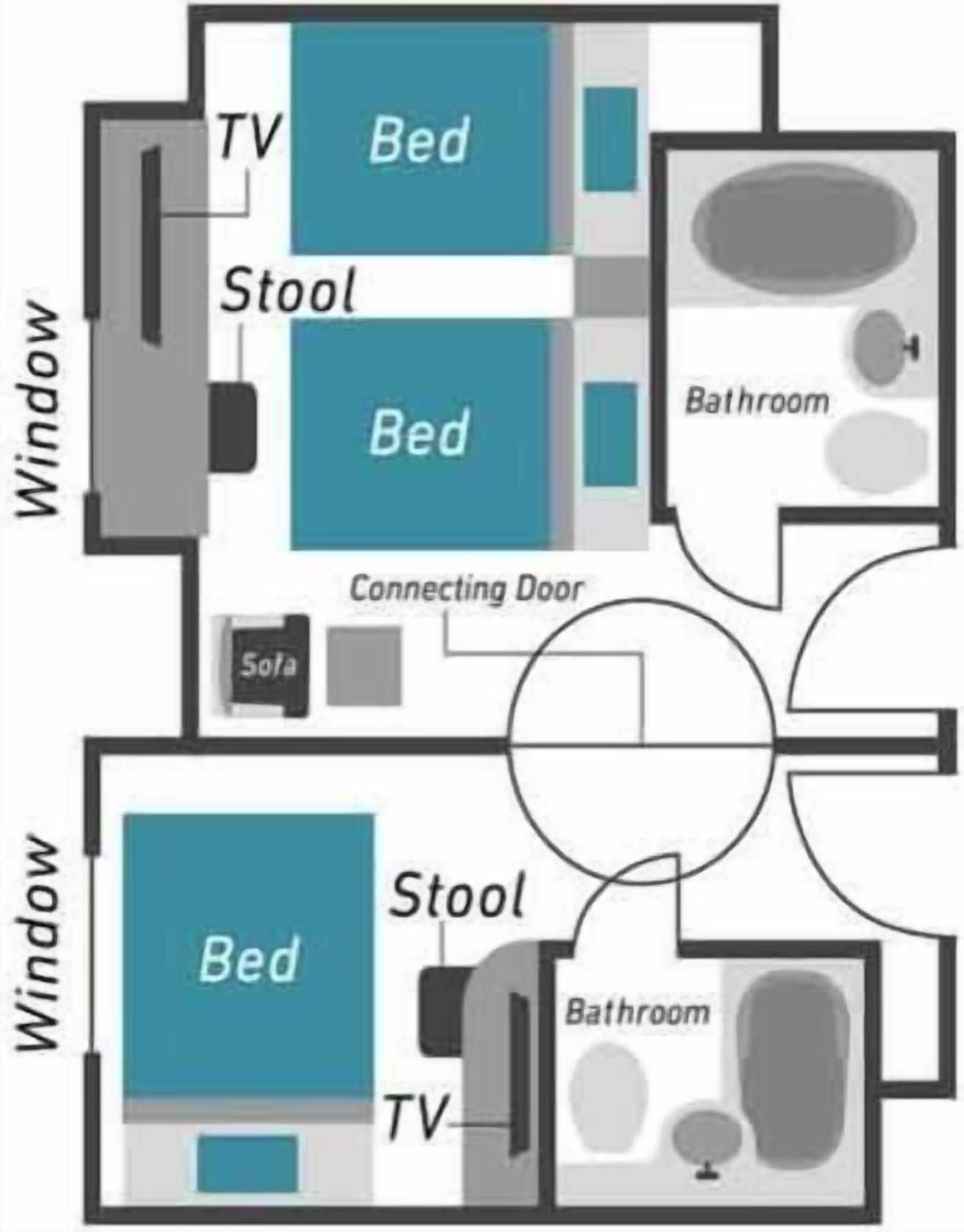 A hotel room layout with two beds, a TV, a bathroom, and a connecting door to a sofa area.