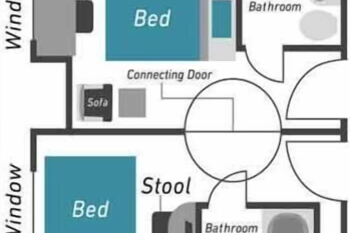 A hotel room layout with two beds, a TV, a bathroom, and a connecting door to a sofa area.