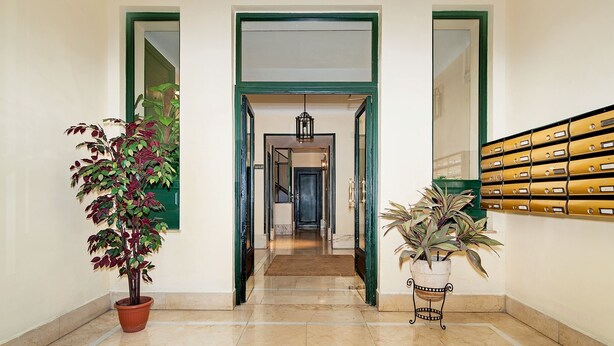 A hallway with a green-framed door, a potted plant, and a wall-mounted filing cabinet. - El Viso Smart / Smart Apartments Madrid (Madrid)