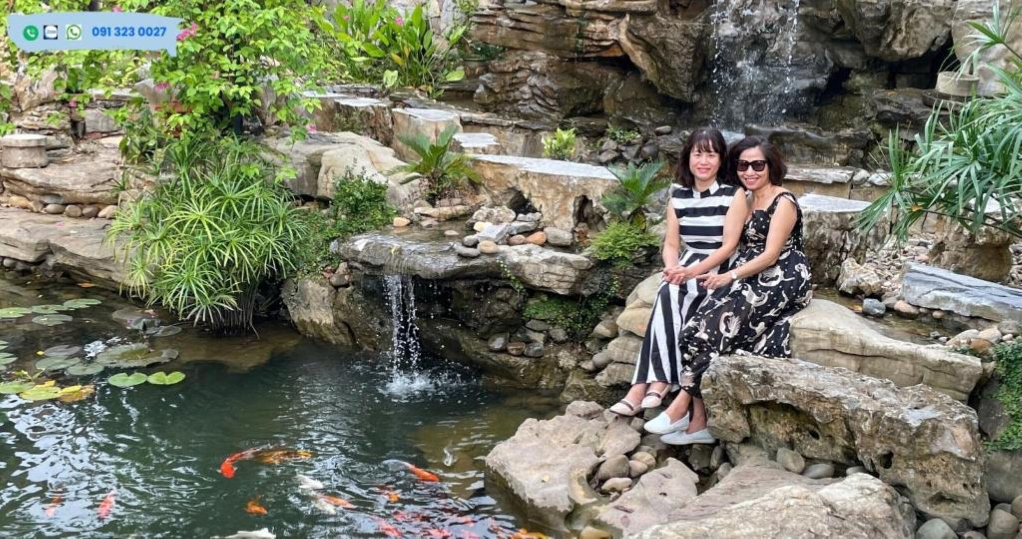 Un estanque con peces koi y una cascada, rodeado de rocas y plantas.