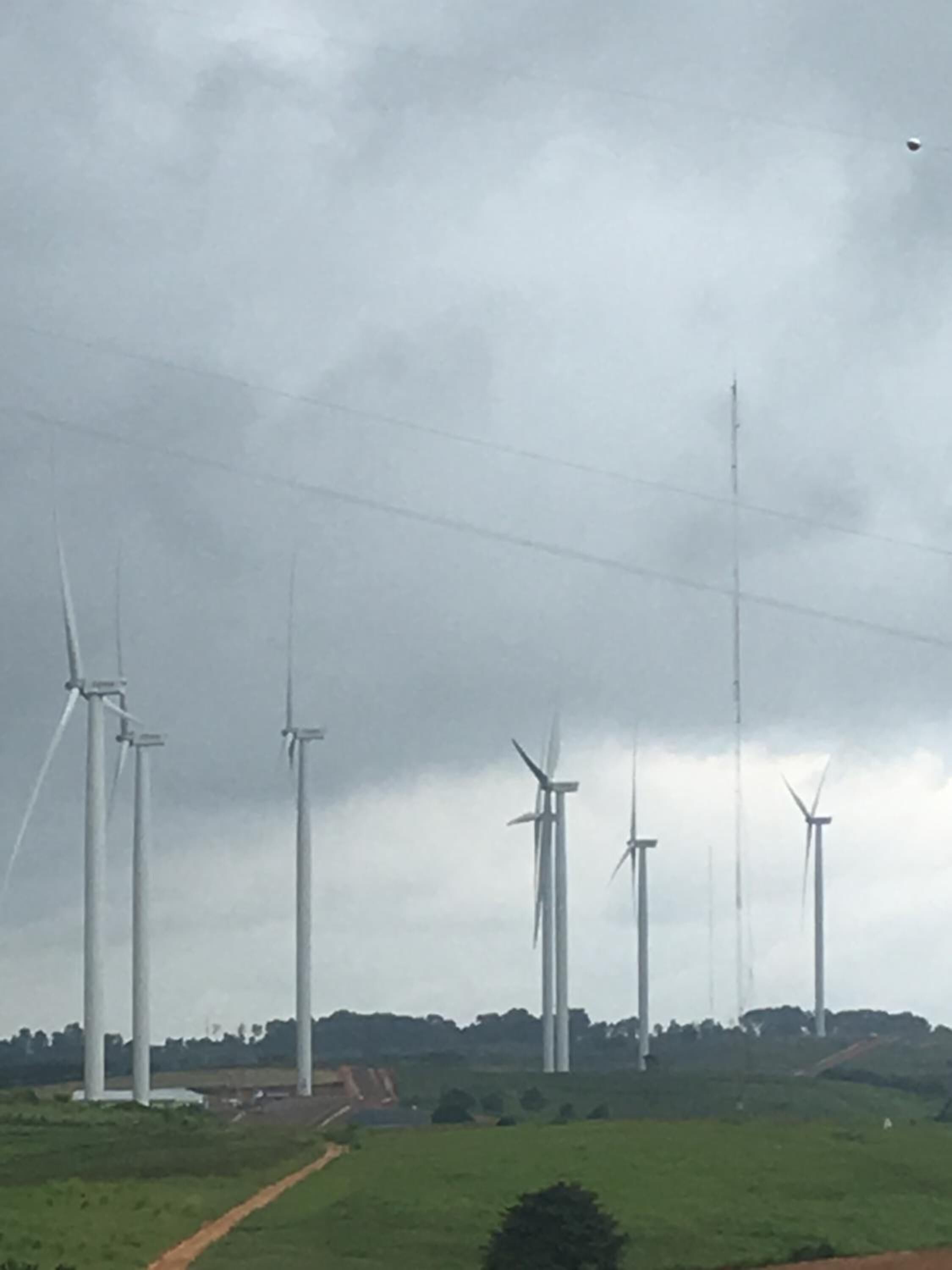 Paisagem com diversas turbinas eólicas.