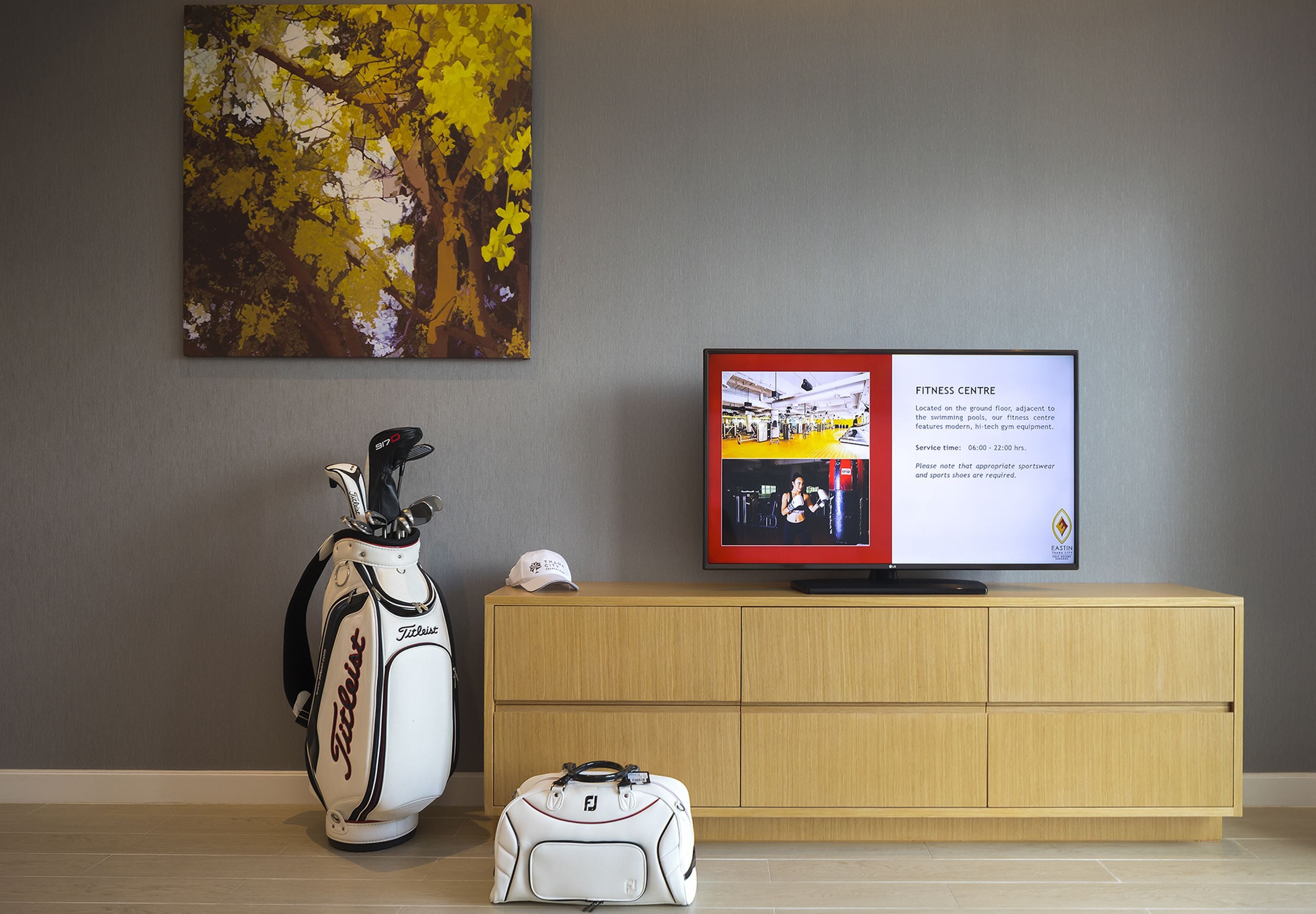 Una habitación con un bolso de golf, una bolsa de viaje, un televisor que muestra un gimnasio y un cuadro de árboles.