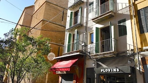 Vista da rua com um edifício identificado como "PLOVINS", apresentando uma entrada de loja, uma torre de sino e uma árvore em primeiro plano.